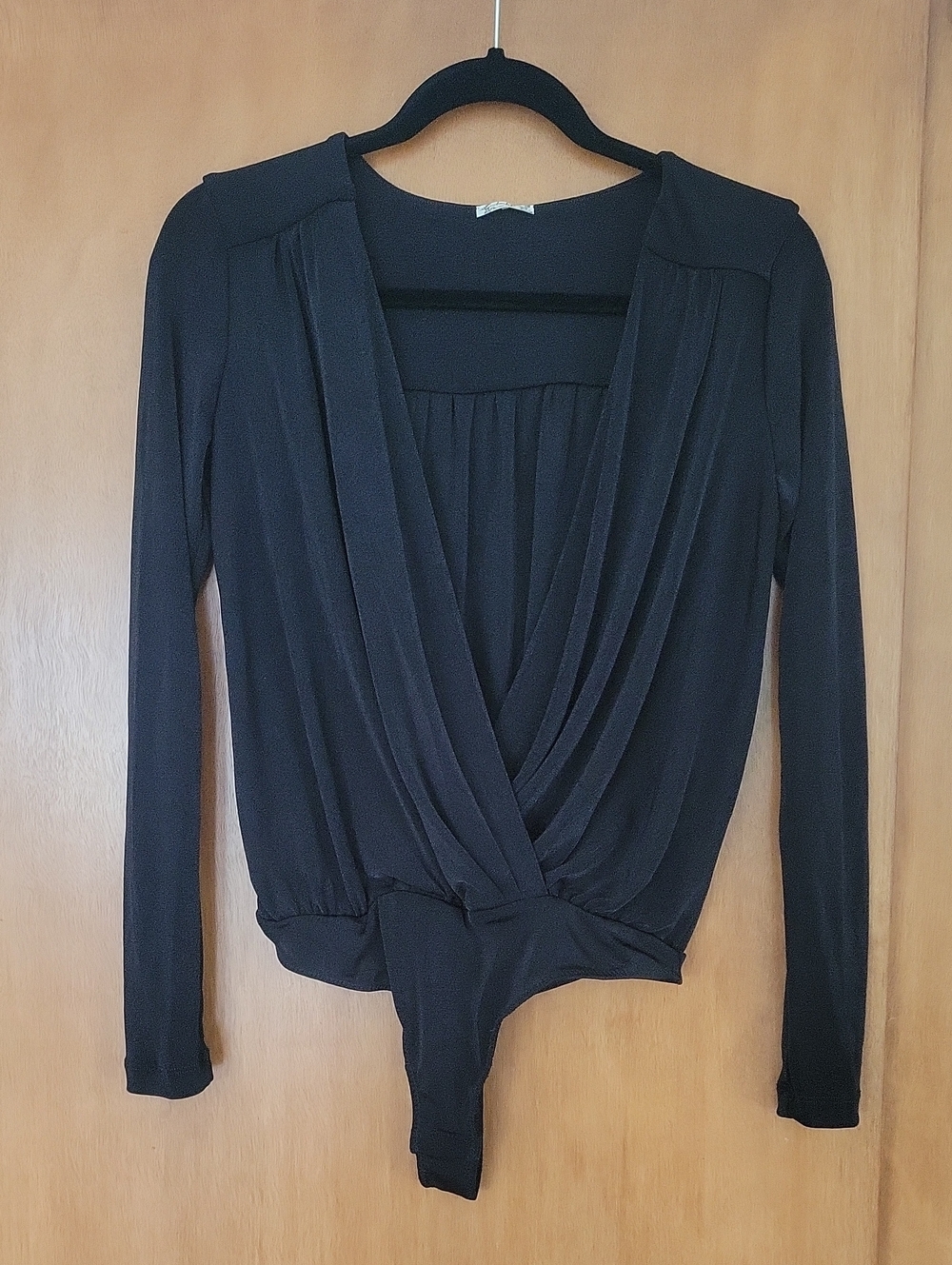 Free People Black Draped V-Neck Long Sleeve Bodysuit, Size S, NWT